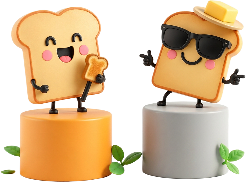 Cheerful toast characters ready to create