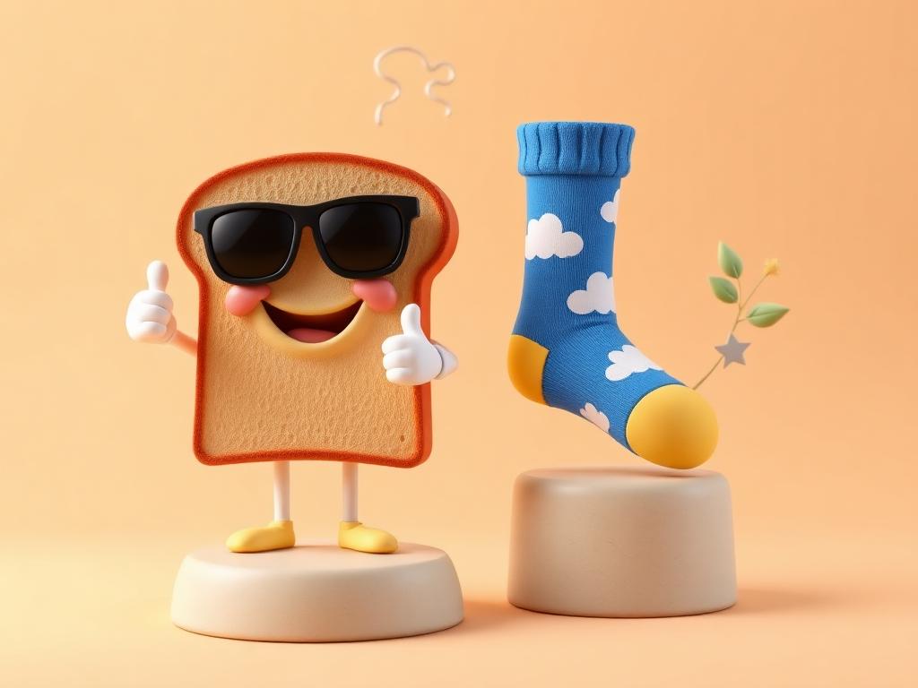 3D toast character and cloud sock on pedestals