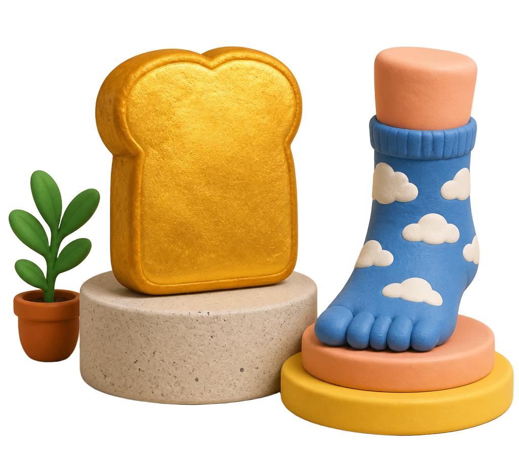 A slice of golden toast and a foot in a cloud-print sock on display podiums